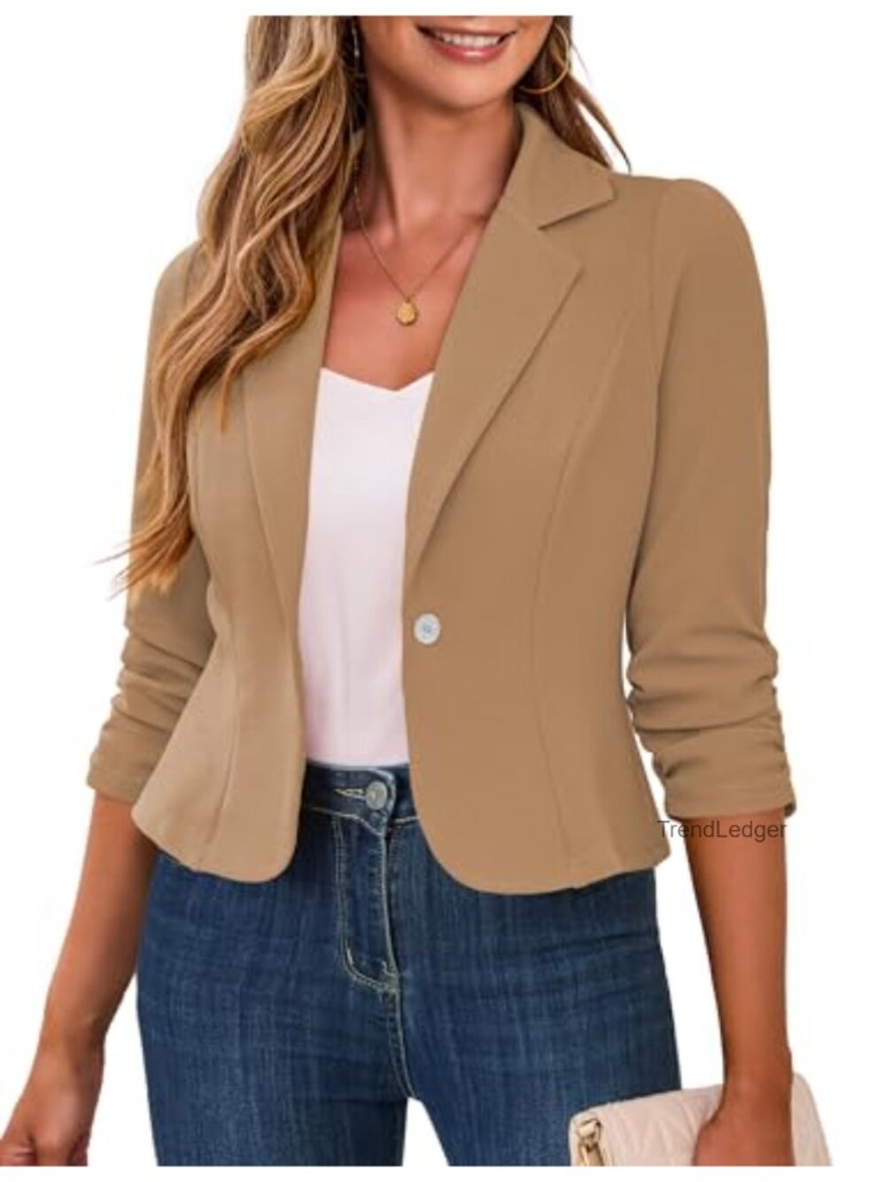 Womens Cropped Blazer 3/4 Ruched Sleeve Business Casual Notch Lapel
